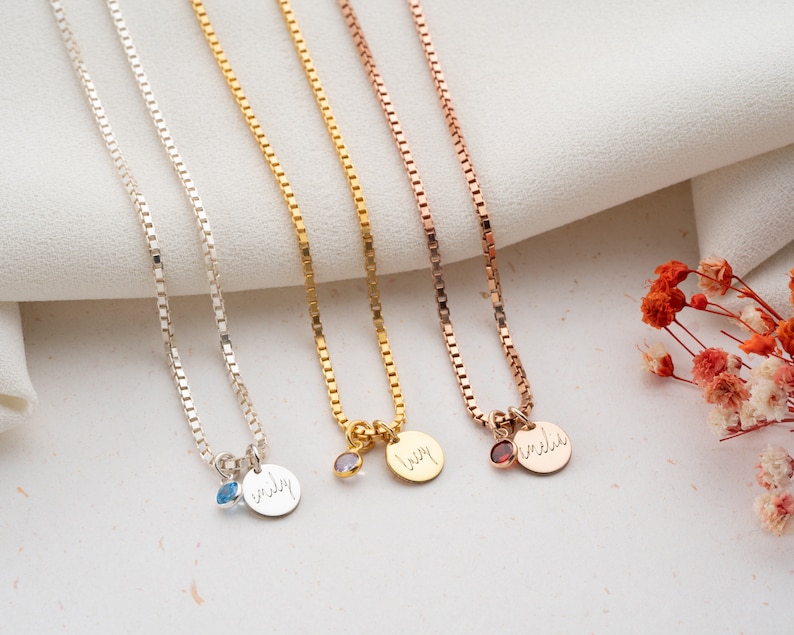 Custom Mini Disc Necklace with Birthstone Personalized Disc Necklace with Name and Birthstone Necklace with Name Disc Necklace for Mom image 3