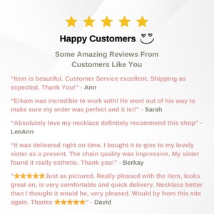 May include: Happy Customers reviews for a shop selling jewelry. The reviews highlight the quality of the products, the excellent customer service, and the fast shipping times.  The reviews include quotes from customers such as "Item is beautiful. Customer Service excellent. Shipping as expected. Thank You!" and "Absolutely love my necklace definitely recommend this shop".