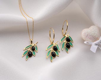 Green Olive Branch Earrings and  Necklace Set : Floral Jewelry