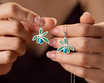 Green Olive Branch Necklace and Olive Branch Earrings Set, Necklace and Earrings Set Green:  Minimalist Jewelry Set