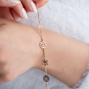 Pulsera inicial personalizada con piedra de nacimiento, pulsera de flor de nacimiento dorada, pulsera con inicial lateral y piedra de nacimiento, regalos para ella