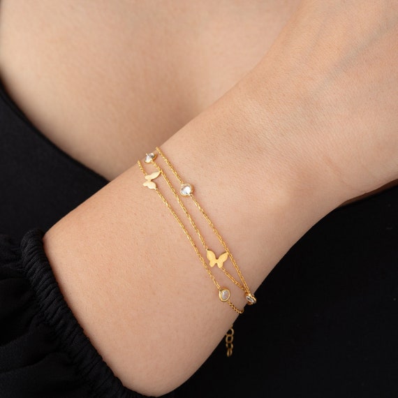 Dainty Gold Butterfly Bracelet With Zircon Stone Silver Star