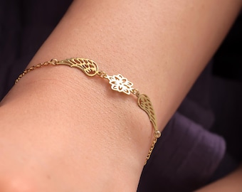Angel Wings Bracelet with Birthflower Dainty Gold Angel Wing Birthflower Bracelet Sterling Silver Guardian Angel Bracelet Gift for Her