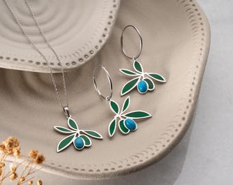 Green Olive Branch Necklace and Olive Branch Earrings Set, Necklace and Earrings Set Green:  Minimalist Jewelry Set