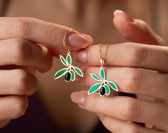 Green Olive Branch Necklace and Olive Branch Earrings Set, Necklace and Earrings Set Green:  Minimalist Jewelry Set
