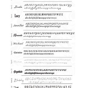 Peut inclure: Pr&eacute;sentation de 13 styles de polices diff&eacute;rents, chacun affichant des alphabets majuscules et minuscules. Les polices varient des scripts &eacute;l&eacute;gants aux designs modernes et audacieux. Des noms comme Emily, Carol et Sophie sont utilis&eacute;s comme exemples.