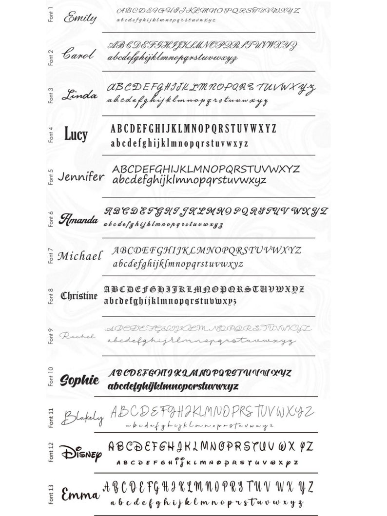 Peut inclure: Pr&eacute;sentation de 13 styles de polices diff&eacute;rents, chacun affichant des alphabets majuscules et minuscules. Les polices varient des scripts &eacute;l&eacute;gants aux designs modernes et audacieux. Des noms comme Emily, Carol et Sophie sont utilis&eacute;s comme exemples.