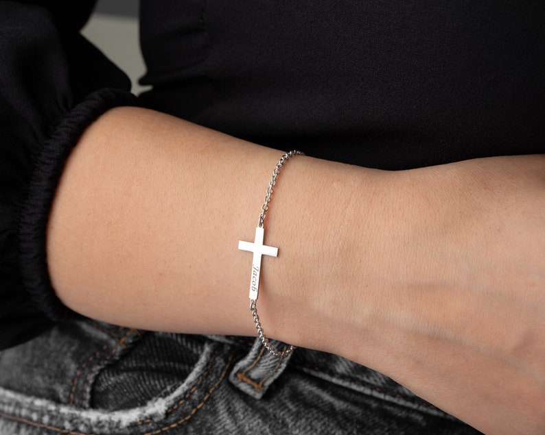 Cross Name Bracelet Personalized Cross Bracelet with Name Custom Cross Bracelet Christian Gifts for Christening Christian Bracelet for Girl image 2