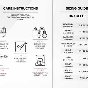 Puede incluir: Instrucciones de cuidado y gu&iacute;a de tallas para pulseras. La gu&iacute;a incluye tallas para reci&eacute;n nacidos, beb&eacute;s, ni&ntilde;os peque&ntilde;os, preescolares, ni&ntilde;os, adolescentes y adultos. Las instrucciones incluyen c&oacute;mo quitar, usar, evitar el contacto con lociones y perfumes, y guardar las pulseras.