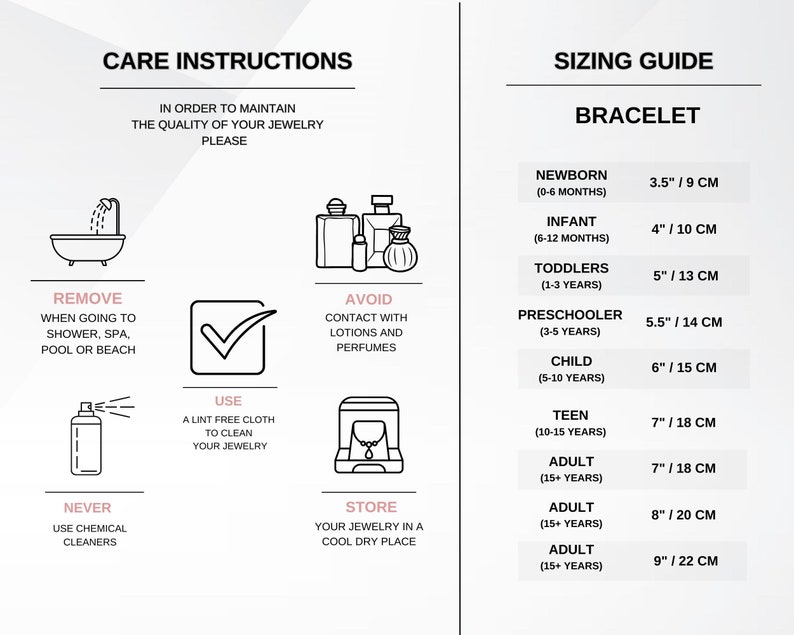 Puede incluir: Instrucciones de cuidado y gu&iacute;a de tallas para pulseras. La gu&iacute;a incluye tallas para reci&eacute;n nacidos, beb&eacute;s, ni&ntilde;os peque&ntilde;os, preescolares, ni&ntilde;os, adolescentes y adultos. Las instrucciones incluyen c&oacute;mo quitar, usar, evitar el contacto con lociones y perfumes, y guardar las pulseras.