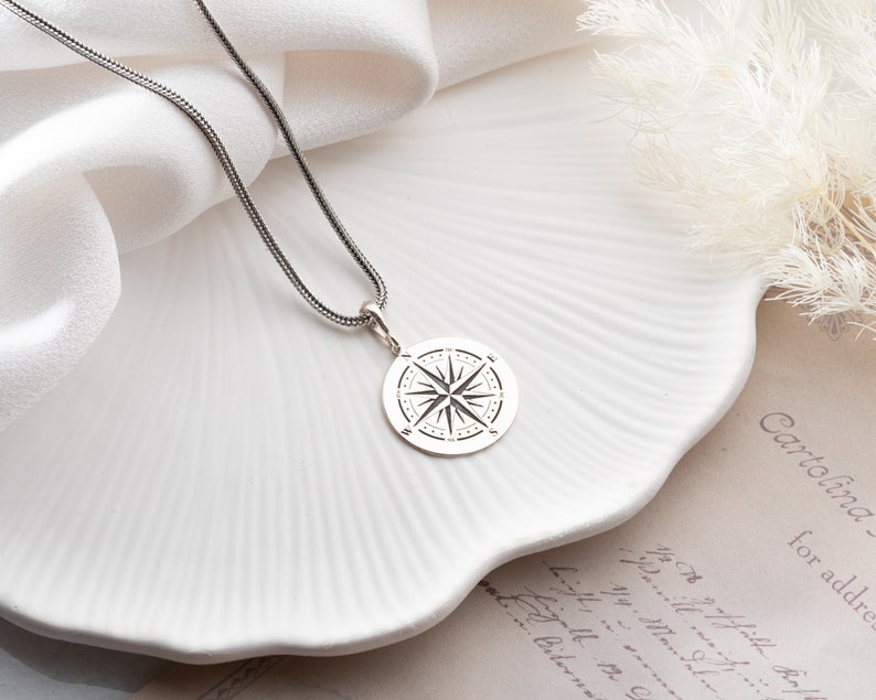 Silver Compass Necklace Dainty Coordinate Necklace for Adventurer Nautical Necklace Graduation Gift for Travelers Women and Nautical Pendant image 5