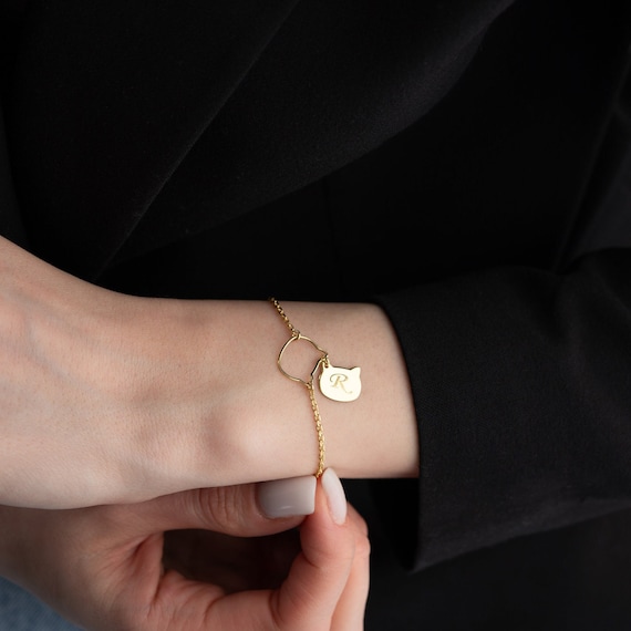 Dainty Cat Initial Bracelet Women Personalized Cat Head Bracelet with Initial and Birthstone Bracelet Custom Initial Bracelet Cat Lover Gift