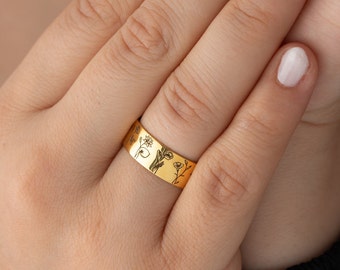 Custom Birth Flower Ring Personalized Gold Birthflower Ring Multiple Birth Flower Ring Engraved Birth Flower Ring