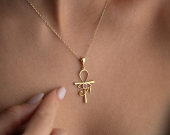Sterling Silver Eye of Ra Necklace with Birthstone, 14K Ankh Cross Jewelry, Egyptian Protection Pendant, Gold Spiritual Necklace for Women