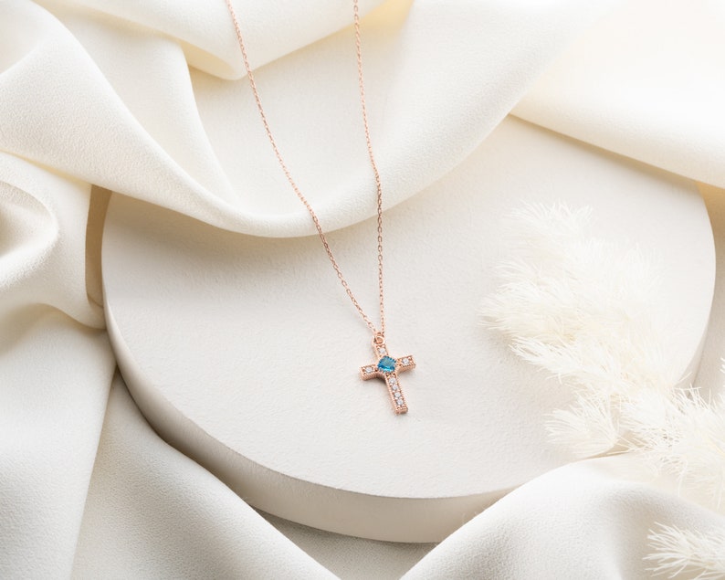 Dainty Gold Cross Necklace with Birthstone Necklace with Cross Birthstone Necklace Cross and Birthstone Necklace Christian Gifts image 4