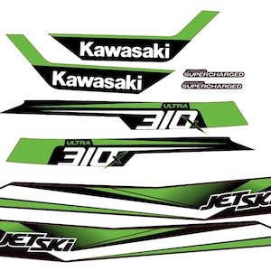May include: A set of vinyl decals for a personal watercraft featuring green and black geometric patterns. The decals include the text Kawasaki, Ultra 310X, JetSki, and Intercooled Supercharged in white and black lettering on a white background.