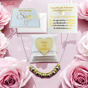 Set regalo per il 60° compleanno da donna, set regalo con collana in argento e oro con pietre miliari, idee regalo per lei per celebrare 6 decadi di successi.