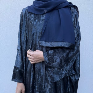 Luxury Emirati Metallic Open Butterfly Abaya with Hijab Scarf - Khaki Green / Navy Blue Scarf- Modest Islamic Fashion Farasha Shimmer Abaya