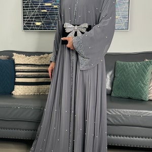 Elegant Jahan Occasion Abaya Set Grey with Pearls, Gemstones - Luxury Dubai, Ideal for Weddings, Eid, Parties, Kaftan Maxi Long Dress