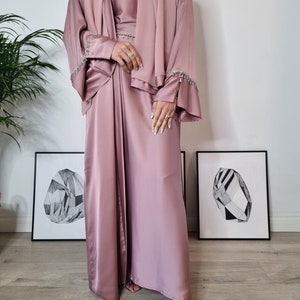 Satin 4 Pieces Abaya Set. pink abaya set, Black abaya Set, blue Abaya Set, Teal Abaya, Dubai Abaya, Party Abaya, Occasion Abaya, wedding aba