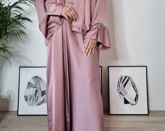 Elsa Satin 4-Piece Abaya Set: Blush, Blue, Teal, Green, Champagne - Luxury Dubai Abayas for Eid, Wedding, Party & Special Occasions