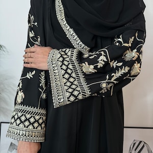 Sofia Embroidered Open Abaya - Black Abaya with Gold Embroidery On Sleeves - Abaya and Embroidered Hijab 2 Piece Set - Embroidery Dubai