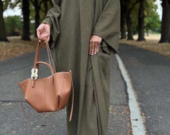 Pure Linen Closed Abaya with Pockets   Flowy Bell Sleeve Kaftan Dress   Modest