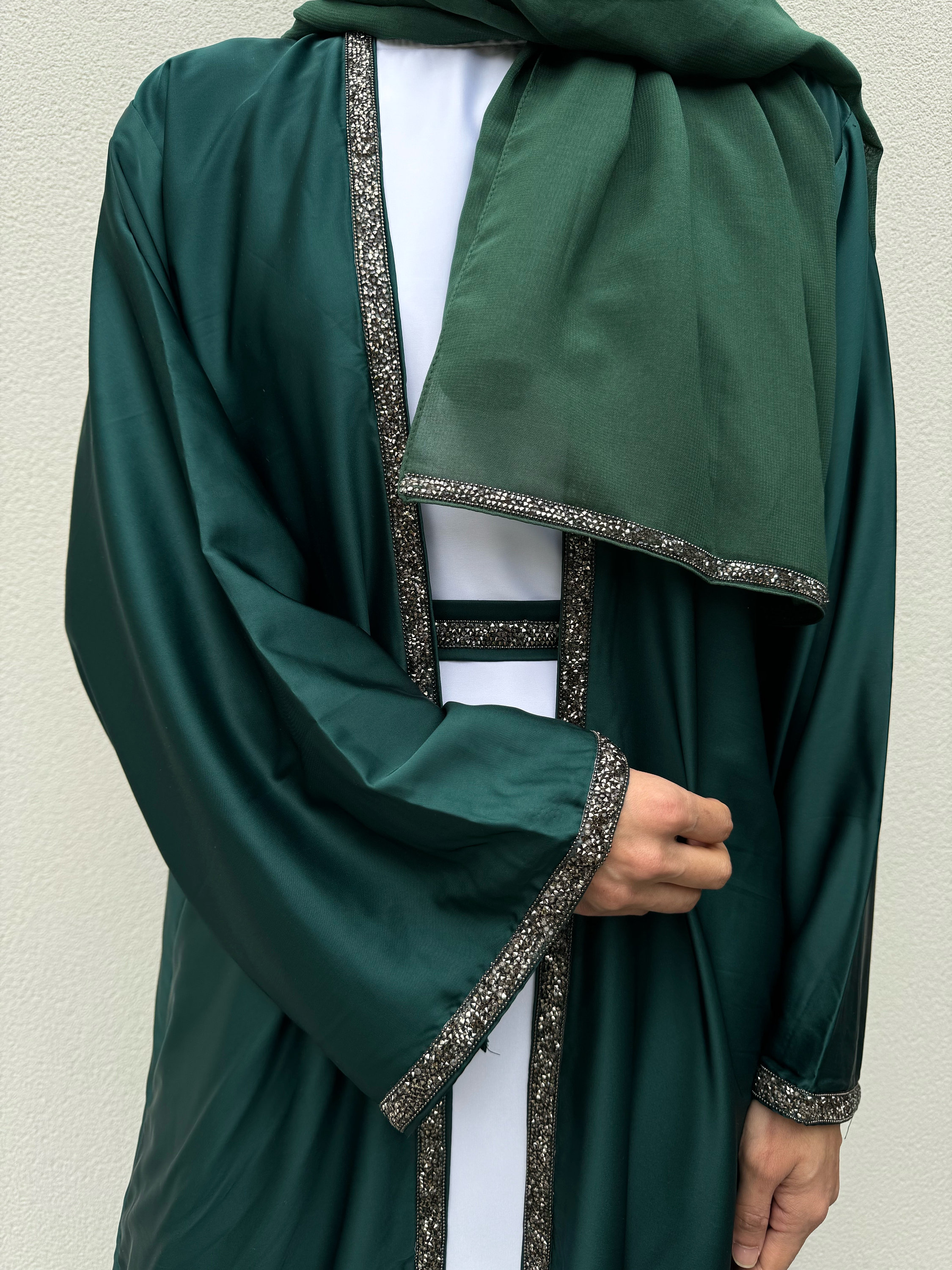 Julia Luxury Satin Silk 4-piece Abaya Set | Elegant Emerald Green