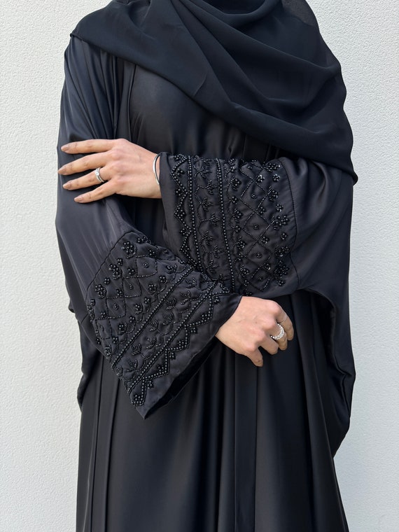 Zainab Luxury Satin 3 piece Abaya Set Champagne Black Modest Outfit With Inner Slip Dress Scarf Handwork Beads Pearls Detailing Etsy Australia