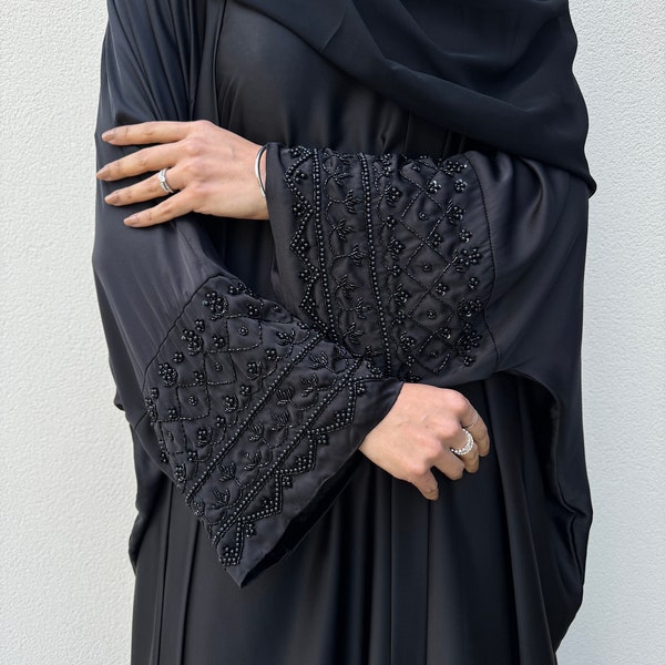 Zainab Luxury Satin 3-Piece Abaya Set | Champagne, Black  Modest Outfit with Inner Slip Dress, Scarf | Handwork, Beads & Pearls Detailing