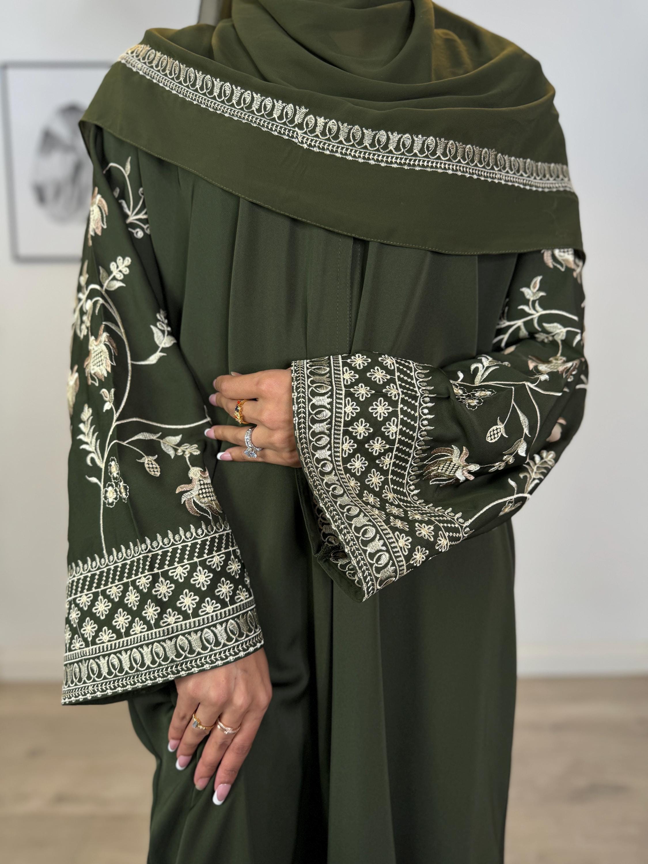 pureabayas Sofia Embroidered Open Abaya - Black Abaya with Gold Embroidery On Sleeves - Abaya and Embroidered Hijab 2 Piece Set - Eid Outfit, Ramadan
