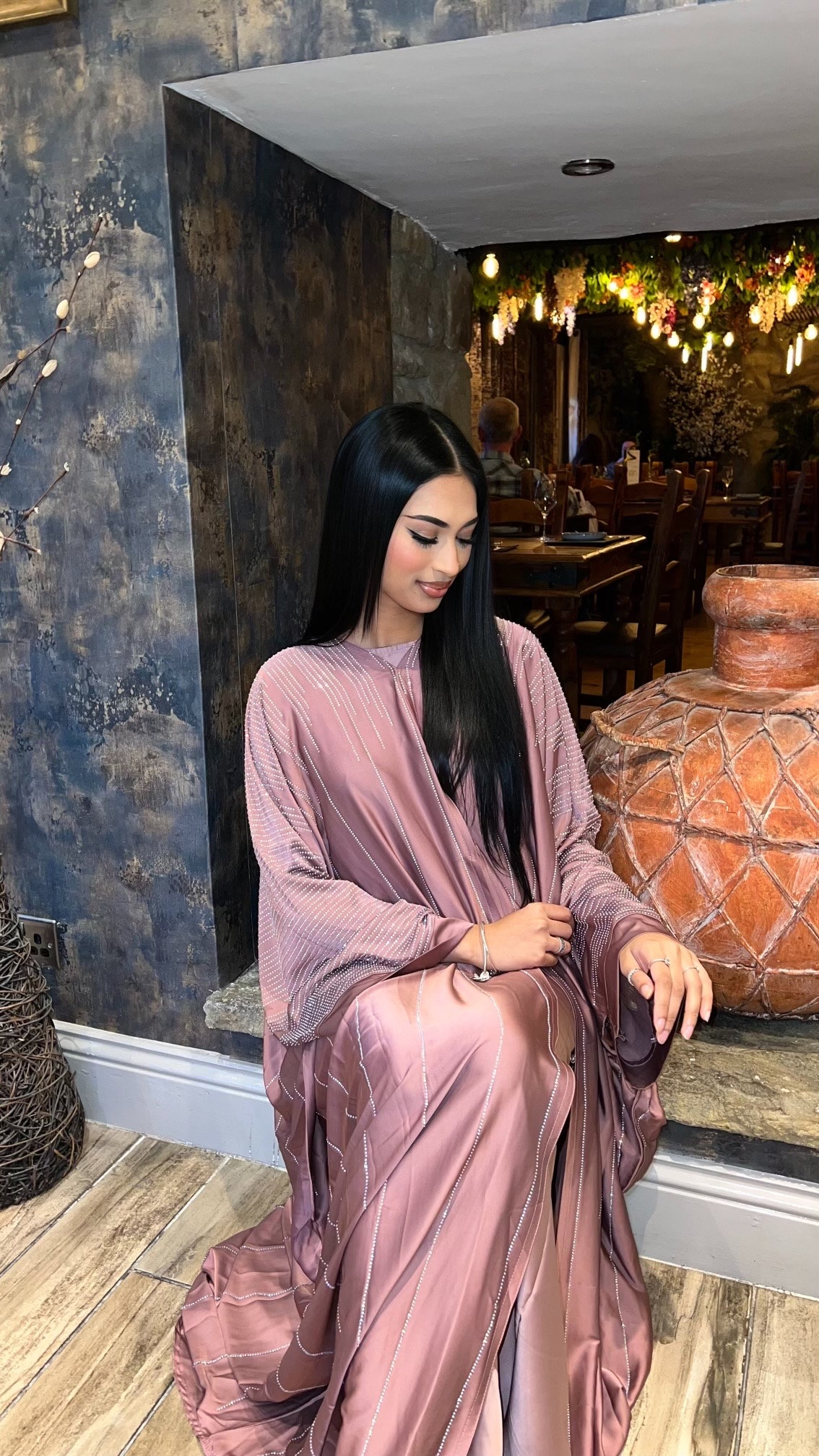 Khaleeji Butterfly Abaya-Deep Blush Open loose fit abaya in satin, Gemstone ,Scarf- Modest Islamic Fashion