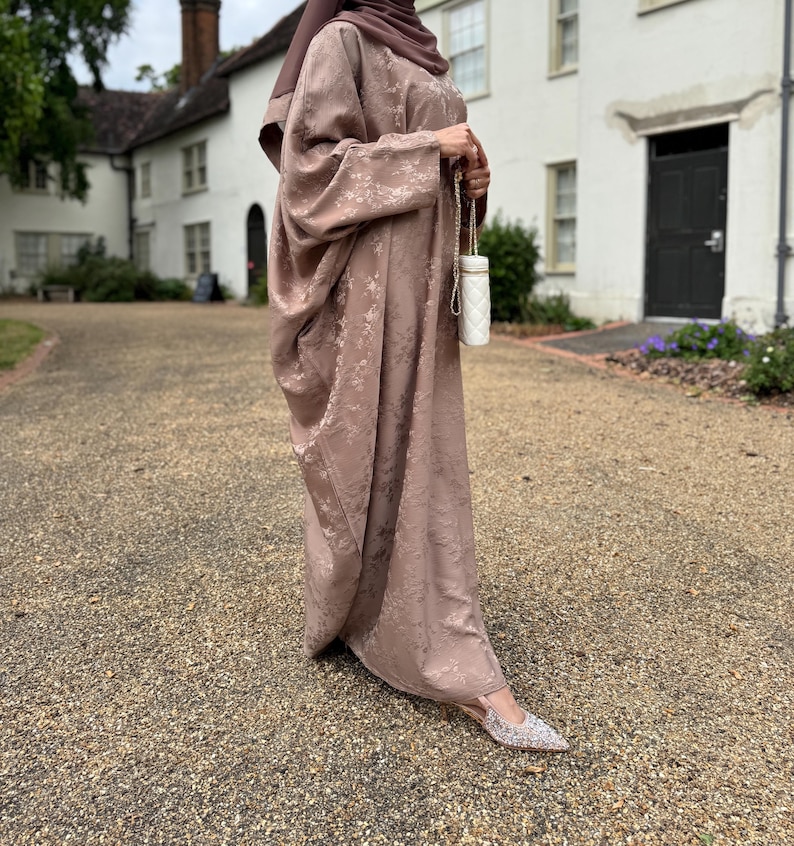 Jacquard Khadija Butterfly Abaya with Hijab - Charcoal Black, Dark Brown, - Vine Leaves Design- winter abaya, Eid outfit Latte Brown