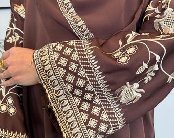 Sofia Embroidered Open Abaya - Black Abaya with Gold Embroidery On Sleeves - Abaya and Embroidered Hijab 2 Piece Set - Eid Outfit, Ramadan