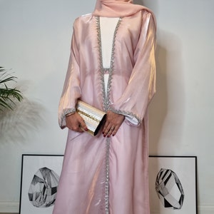 Opulent Malika Organza Silk Abaya 4-Piece Set - Diamanté Embellishments - Pink Blush Champagne Beige Parties and Special Occasions Nikah