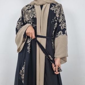 Pretty Floral Embroidery Dubai Abaya: Black Open Design for Occasions, Parties, and Hijab Styling - Modest Muslim Dress