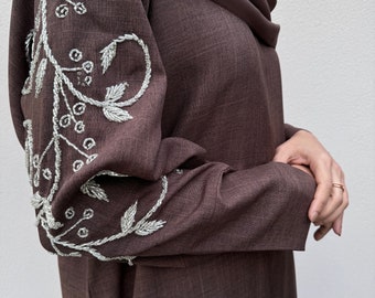 Yara Linen Handwork Open Abaya with Scarf