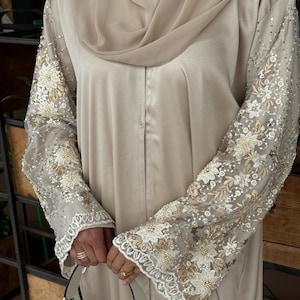 PureAbayas Nayla Luxury Abaya Set – 4-Piece Set w/ Beaded Sleeves, Slip Dress