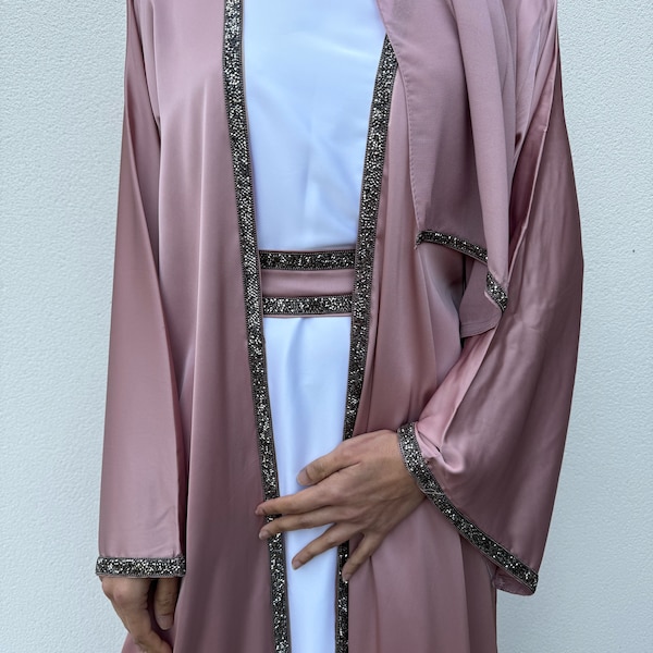 Satin 4-Piece Abaya Set | Maroon, Black, Lilac, Champagne | Elegant Dubai Party, Occasion, Wedding Attire