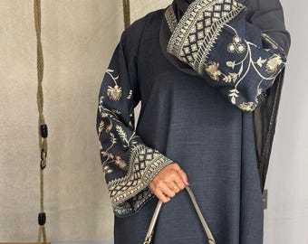 PureAbayas Aafia Embroidery Linen Closed Abaya with Pockets- Autumn Abaya|