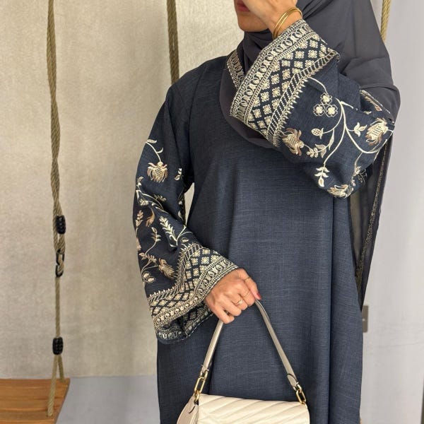 PureAbayas Aafia Embroidery Linen Closed Abaya with Pockets- Autumn Abaya|