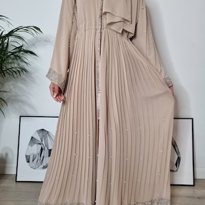 Beige Elegant Jahan Occasion Abaya Set with Pearls, Gemstones, and Pleats - Luxury Dubai, Ideal for Weddings and Parties - Maxi Long Dress