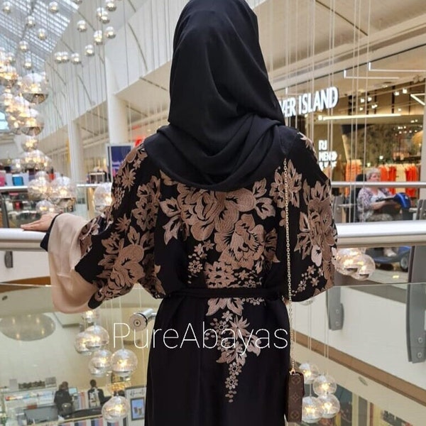 Jolie abaya de Dubaï à broderies florales : modèle noir ouvert pour les occasions, les fêtes et le style hijab - Robe musulmane modeste