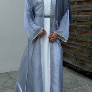 Premium Organza Starfall Embellished Open Abaya – Mulberry Dusk main image 1