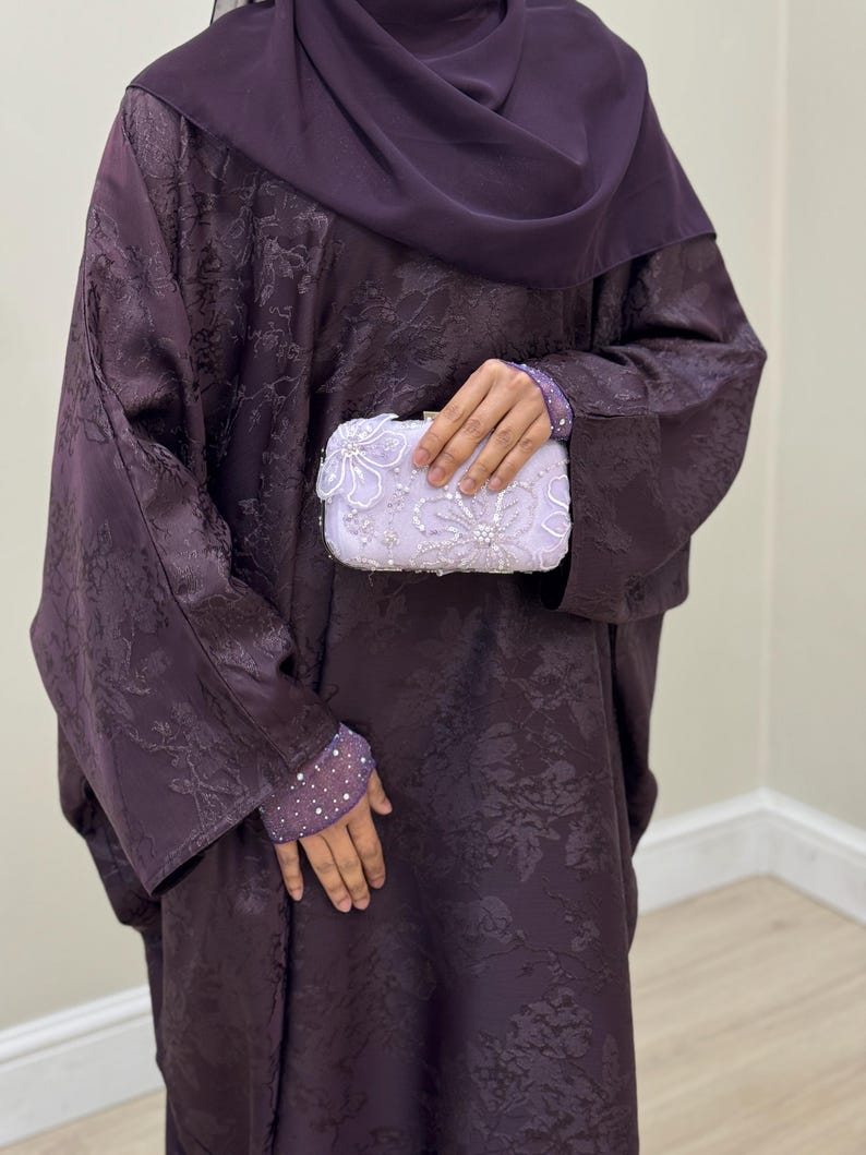 Jacquard Khadija Butterfly Abaya with Hijab - Charcoal Black, Dark Brown, - Vine Leaves Design- winter abaya, Eid outfit Dark Purple