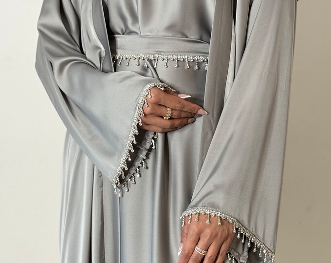 Women's Satin 2 Piece Open Abaya Set 9785 Black