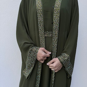 Olive Green Kaia Occasion Abaya Set with Gemstones - Luxury Dubai, Ideal for Weddings and Parties - Maxi Long Dress