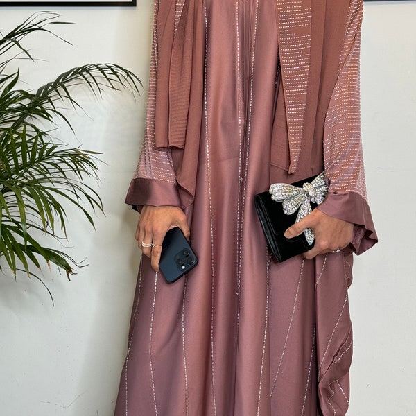 Khaleeji Butterfly Abaya-Deep Blush Open loose fit abaya in satin, Gemstone ,Scarf- Modest Islamic Fashion