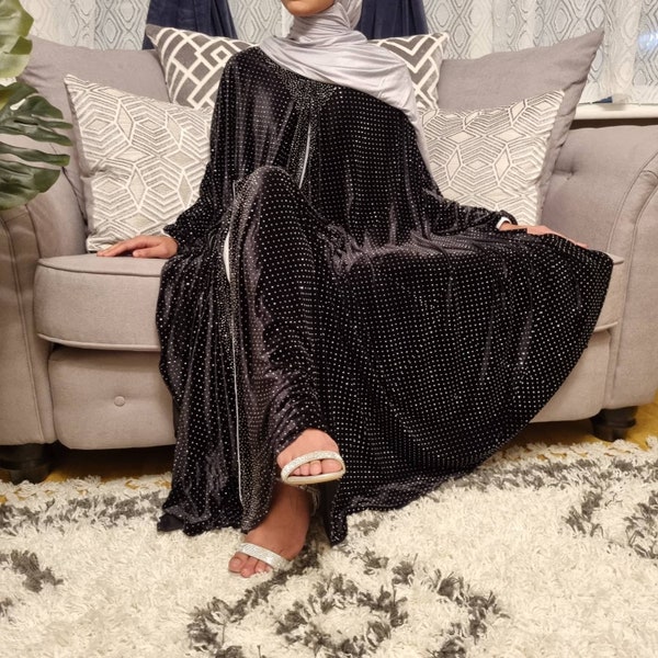 Black Velvet Cape Farasha Butterfly Abaya with Exquisite Arabian Gemstone Embellishments Throughout - Elegant Islamic Fashion