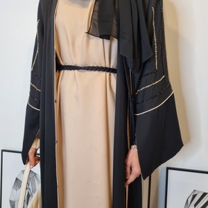 Nagma Black Open Abaya - Handcrafted Nida Satin Contrast with Exquisite Handwork - Elegant Islamic Fashion for Women